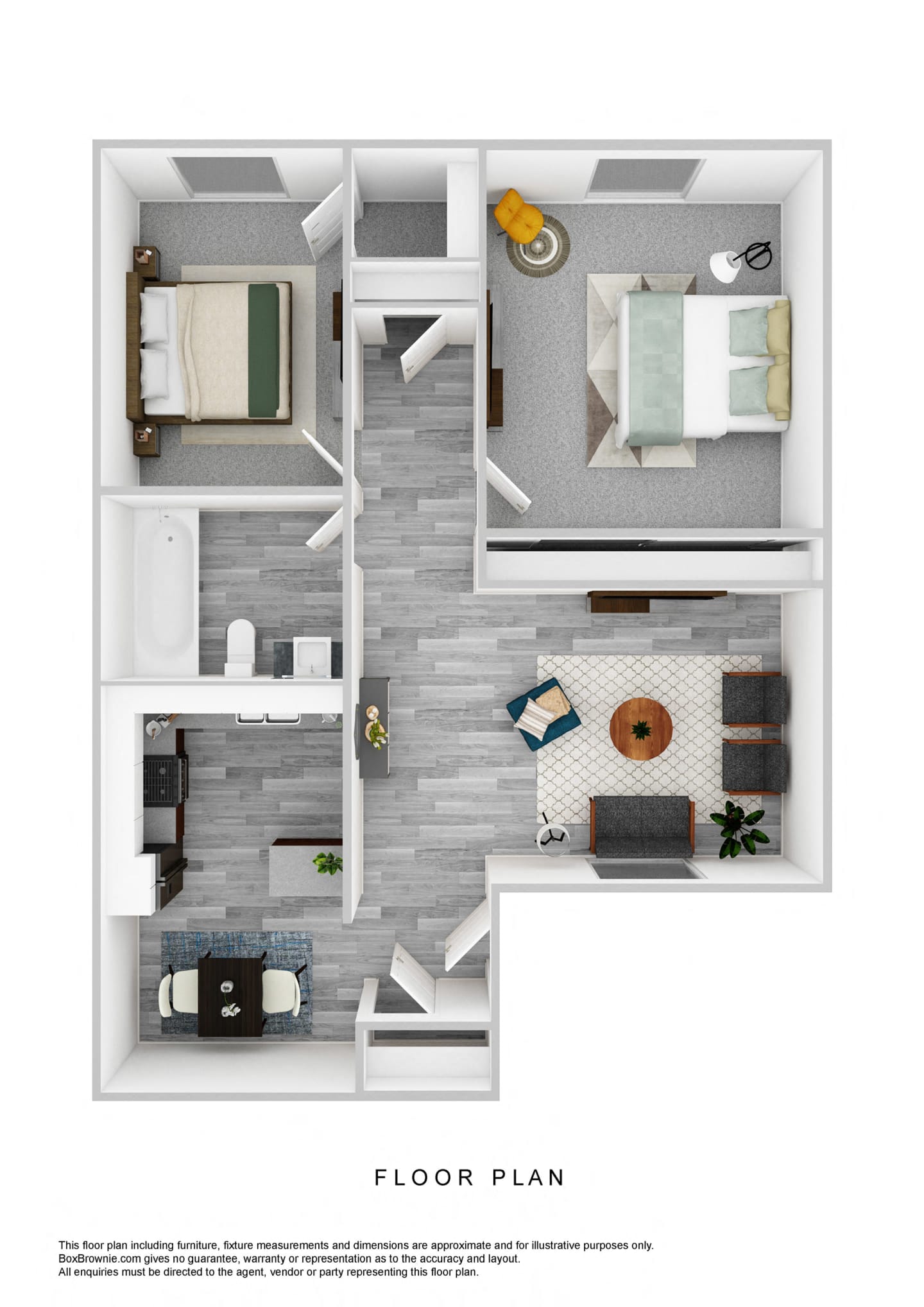 Floor plan for 2 beds, 1 bath, 895 sqft
